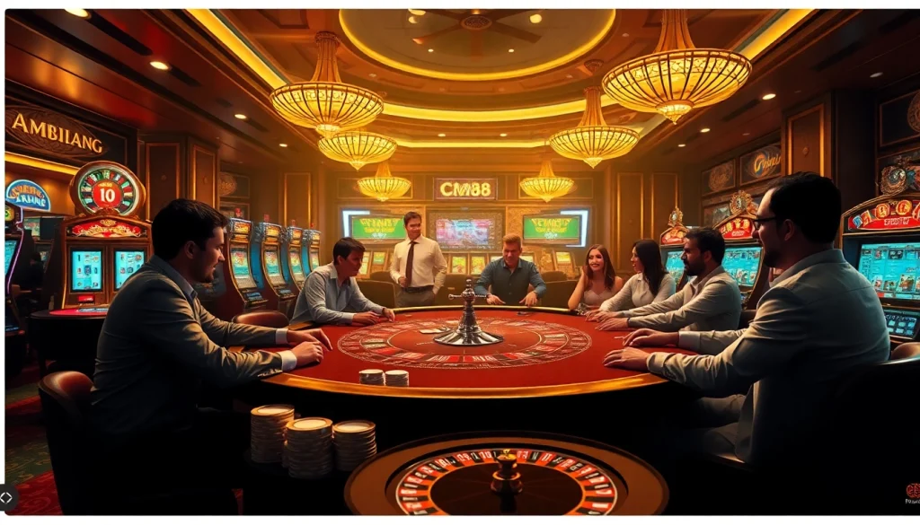 Experience the thrill of CM88 at a vibrant casino poker table with excited players and glowing slot machines.