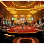 Experience the thrill of CM88 at a vibrant casino poker table with excited players and glowing slot machines.