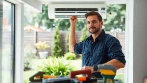 Technician performing HVAC repair northsalem in a well-maintained home garden setting.