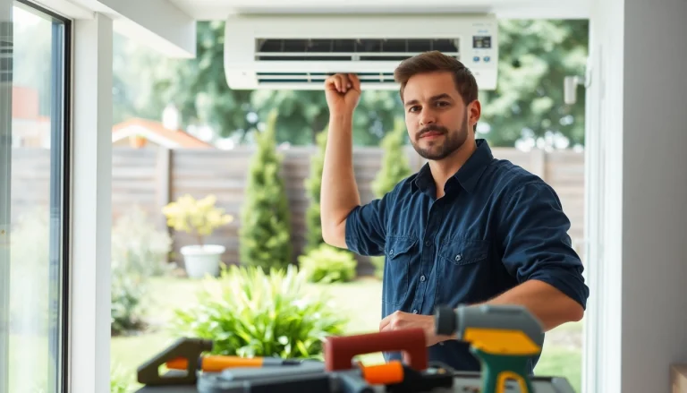 Technician performing HVAC repair northsalem in a well-maintained home garden setting.