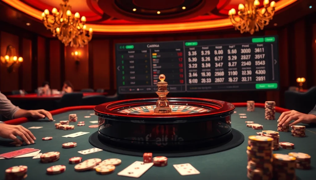 Engaging scene showcasing tỷ lệ kèo nhà cái hôm nay with vibrant poker table and roulette.