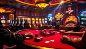 Players at a Haywin poker table strategize for victory in an exciting casino environment.