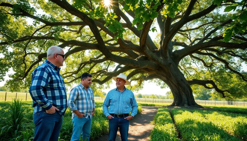 Farmers discussing agriculture law amidst vibrant crops and farmland.