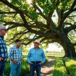 Farmers discussing agriculture law amidst vibrant crops and farmland.