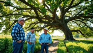 Farmers discussing agriculture law amidst vibrant crops and farmland.