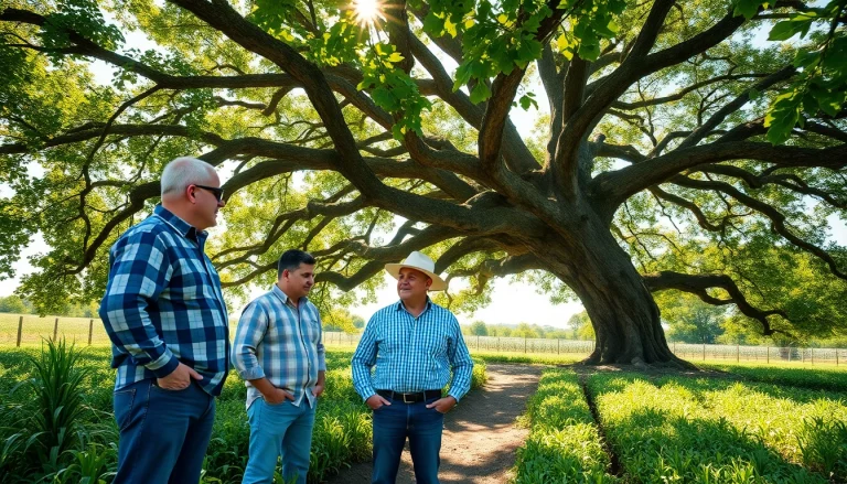 Farmers discussing agriculture law amidst vibrant crops and farmland.