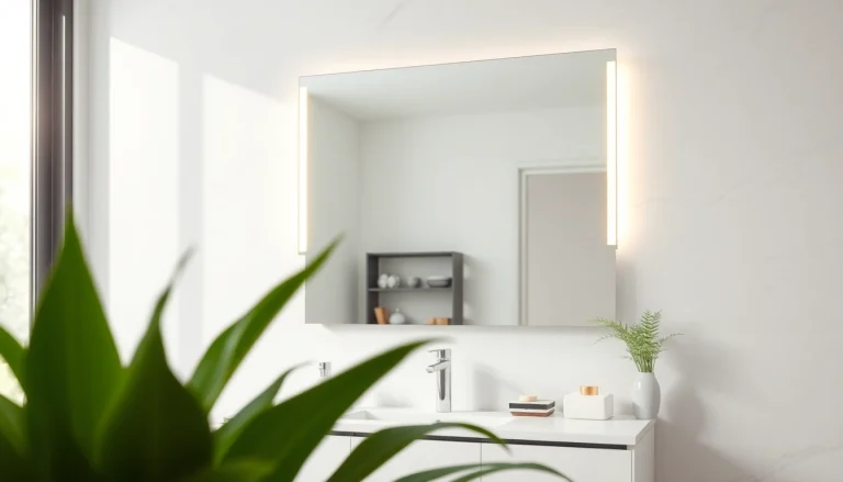 Explore the beauty of an elegant bathroom mirror with LED lighting enhancing a modern vanity setting.