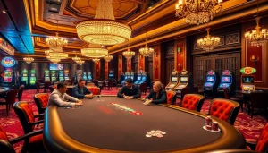 A thrilling scene at 88t.art showcasing poker players strategizing while surrounded by vibrant casino elements.