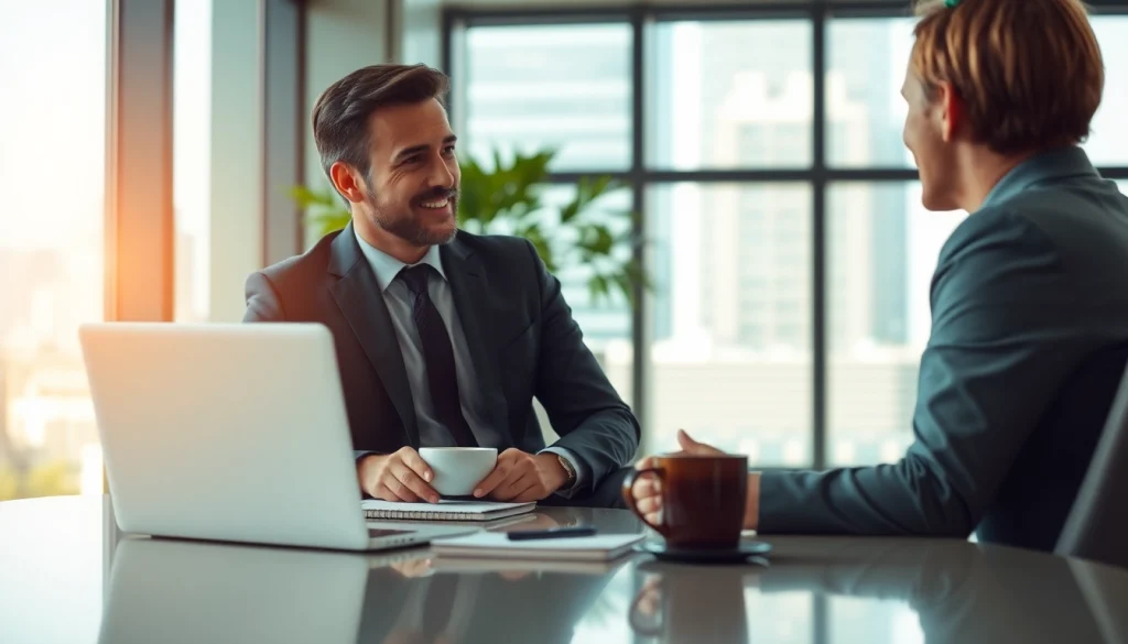 Business coach near me guiding a client in a professional office setting.