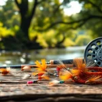 Fly fishing kit showcasing colorful flies and gear on a rustic table by a serene river setting.