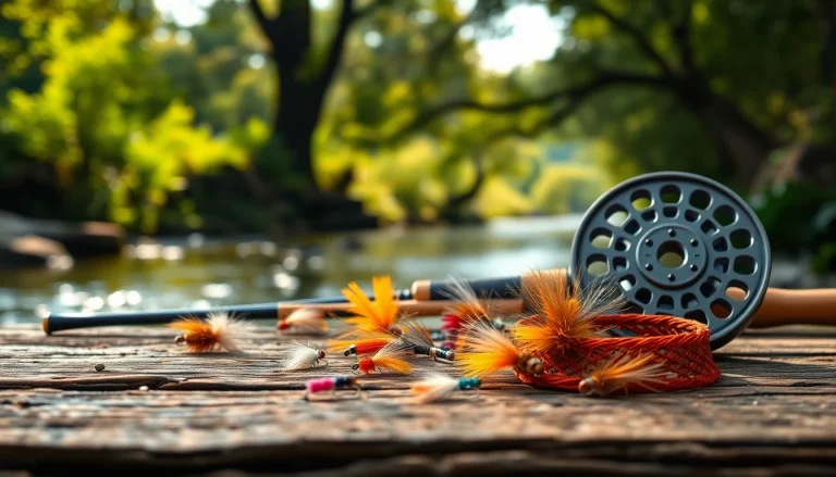 Fly fishing kit showcasing colorful flies and gear on a rustic table by a serene river setting.