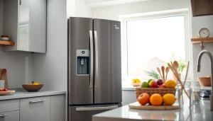 Waterdrop 5231JA2002A Refrigerator Water Filter showcasing modern kitchen installation with fresh fruits and glass of water.