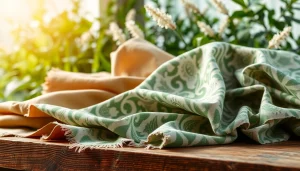 Duurzame stoffen assortiment met diverse kleuren en texturen op een houten tafel.