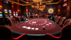 Engage with the excitement of trang chủ sa88, featuring an upscale casino scene with poker games, slot machines, and roulette.