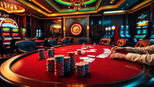 Experience the excitement at nhà cái i5bet with an engaging poker game featuring colorful chips and cards.