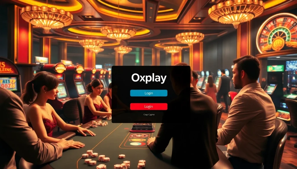 Players engaging with the Oxplay login interface at a vibrant casino, highlighting excitement and luxury.