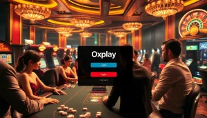 Players engaging with the Oxplay login interface at a vibrant casino, highlighting excitement and luxury.