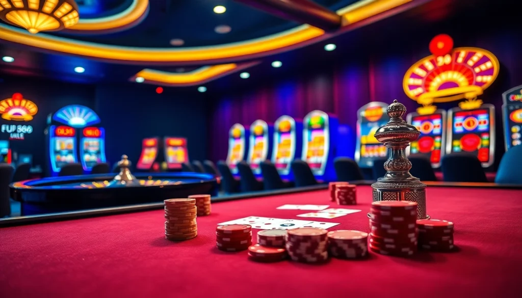 UU88 gaming scene with poker chips and cards at a luxurious casino table.