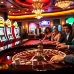 Experience high-stakes excitement at Haywin's casino, featuring a luxurious roulette table and vibrant slot machines.