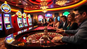 Experience high-stakes excitement at Haywin's casino, featuring a luxurious roulette table and vibrant slot machines.