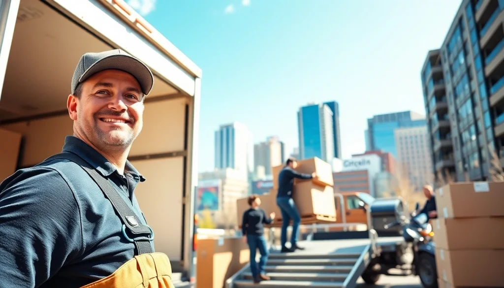 Movers from moving companies calgary loading furniture into a truck in a bustling cityscape.
