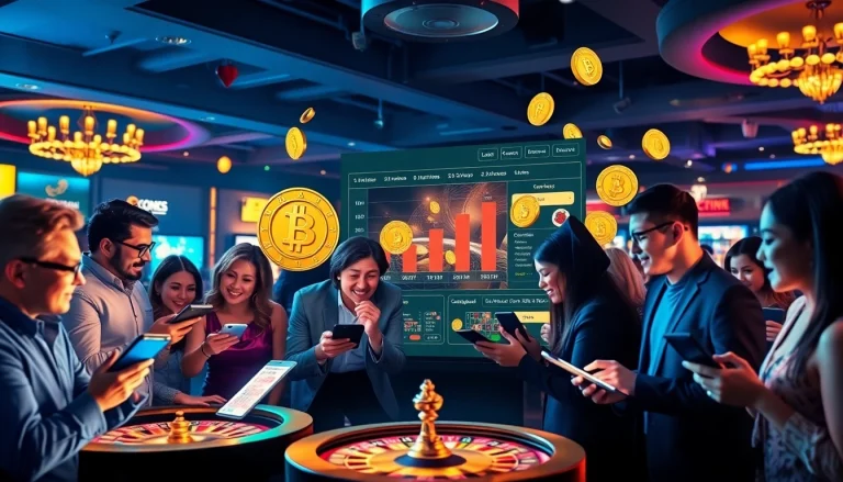 Exciting scene of players engaging with crypto online casinos, emphasizing digital gaming elements.