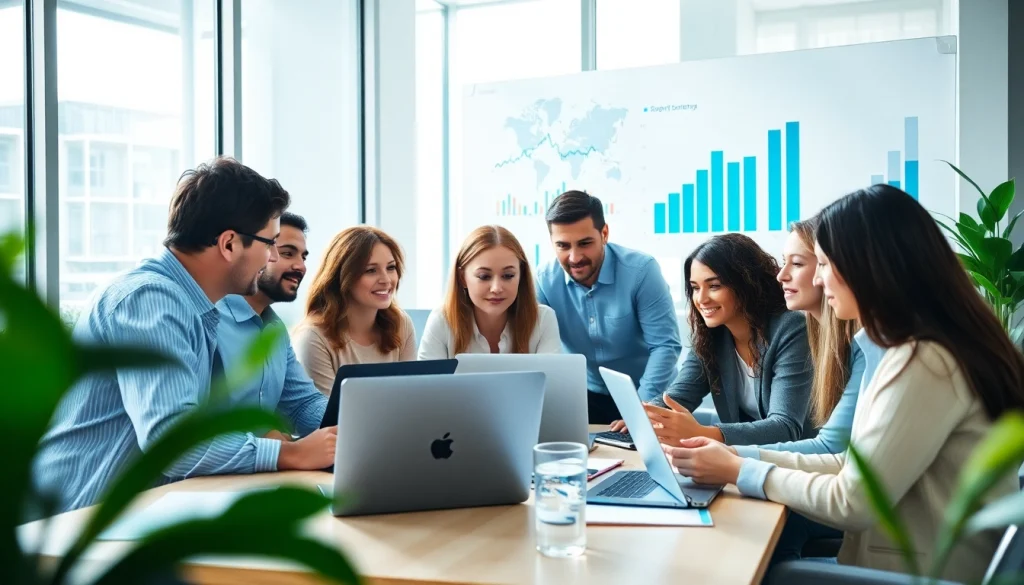 Team developing Business Marketing strategies while reviewing charts and collaborating in a bright office.