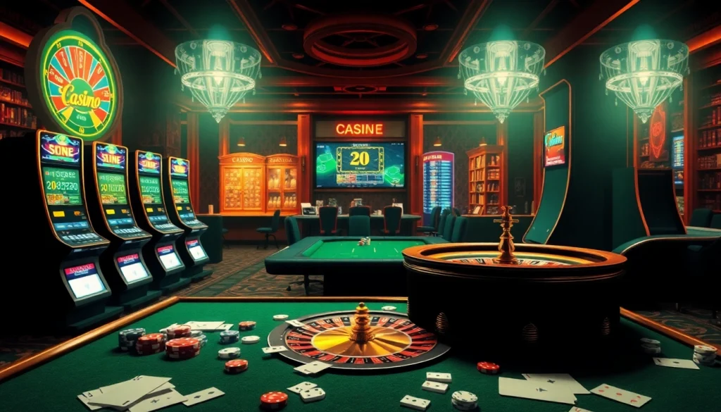 Players enjoying thrilling games at https://mk8th.net/ virtual casino with energetic slot machines and poker tables.