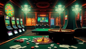 Players enjoying thrilling games at https://mk8th.net/ virtual casino with energetic slot machines and poker tables.