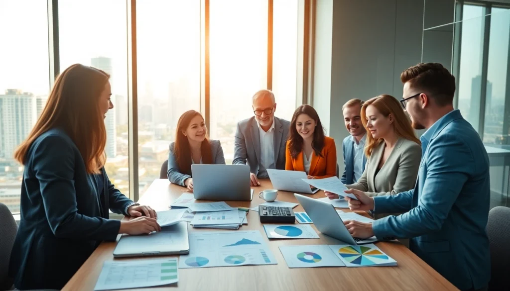 Discussing business growth insights in a modern office setting with diverse professionals.