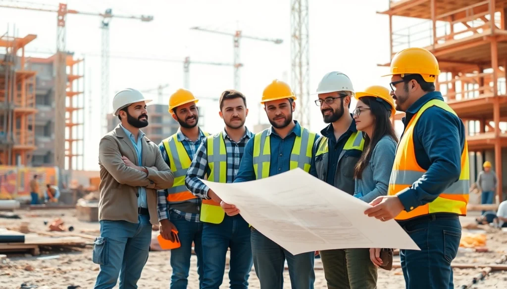 Construction association professionals collaborating on-site with blueprints at an active construction site.