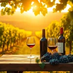 Enjoy wineries in Clarksburg showcased with a rustic setting, wine glasses, and ripe grapes.