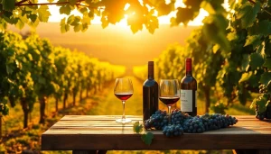 Enjoy wineries in Clarksburg showcased with a rustic setting, wine glasses, and ripe grapes.