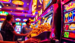 Permainan slot online yang menarik dengan koin emas berhamburan dan suasana yang meriah.