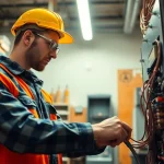 Learn about Wyoming Electrical Apprenticeship while an electrician works in a bright workshop.