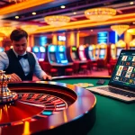 Adegan kasino online yang mendebarkan menampilkan login Utama4D pada laptop yang dikelilingi oleh elemen permainan berwarna-warni.