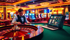 Adegan kasino online yang mendebarkan menampilkan login Utama4D pada laptop yang dikelilingi oleh elemen permainan berwarna-warni.