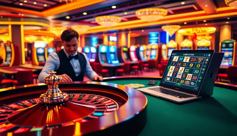 Adegan kasino online yang mendebarkan menampilkan login Utama4D pada laptop yang dikelilingi oleh elemen permainan berwarna-warni.