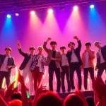 BTS members performing energetically on stage with colorful lights and enthusiastic fans.