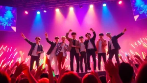 BTS members performing energetically on stage with colorful lights and enthusiastic fans.