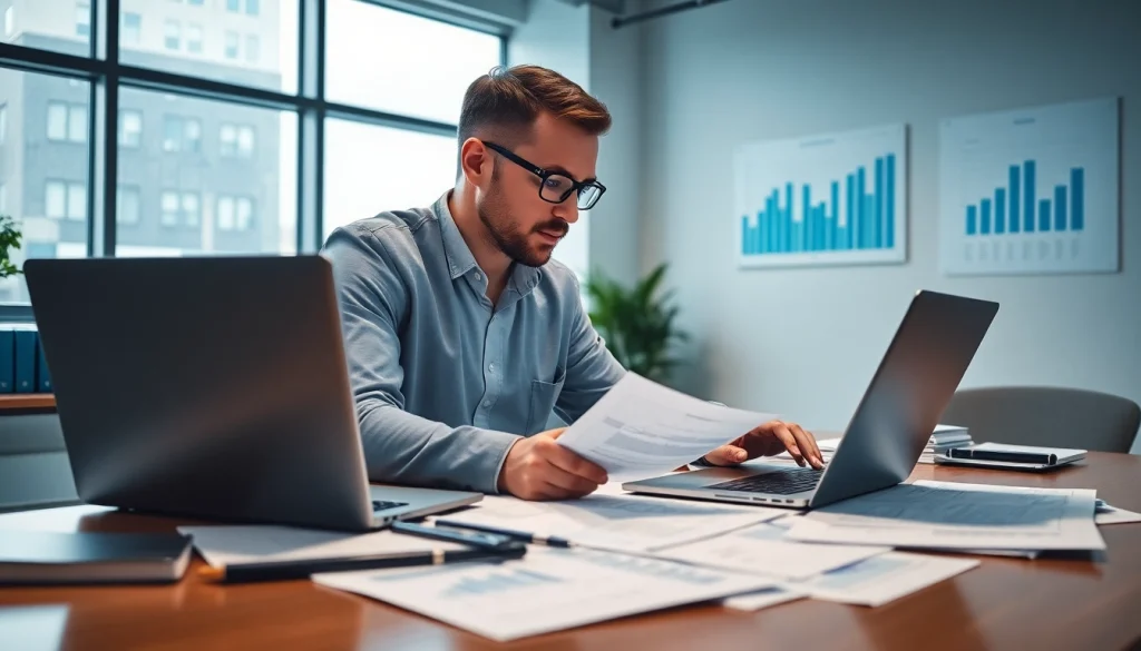 Accountant analyzing financial documents in a bright office environment with focused expression.
