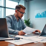 Accountant analyzing financial documents in a bright office environment with focused expression.