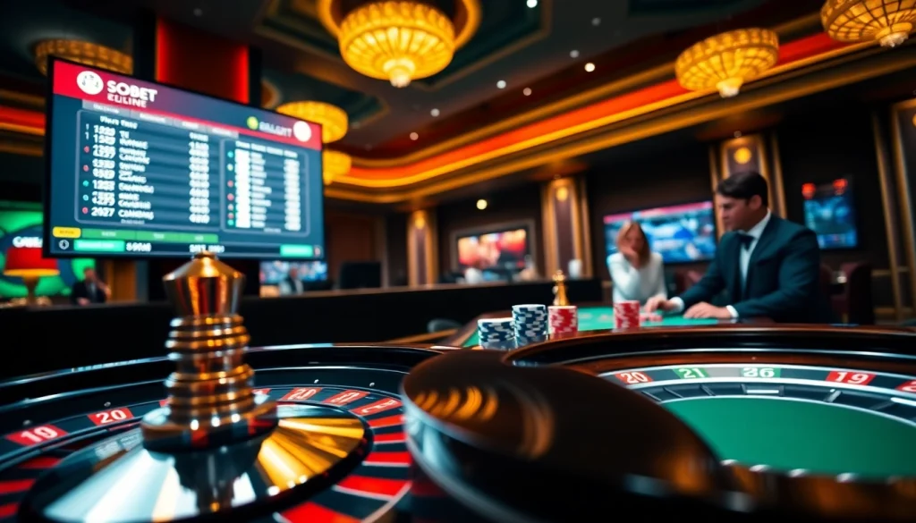 Engaging sbobet betting scene with a roulette wheel and vibrant chips enhancing the online gambling experience.