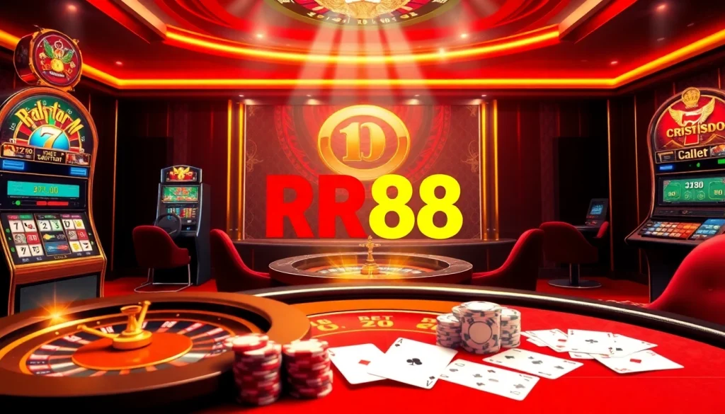 RR88 casino interface showcasing exciting online gambling with vibrant slot machines and poker tables.
