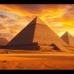 View of ancient piraminds bathed in sunset light, revealing their majesty.