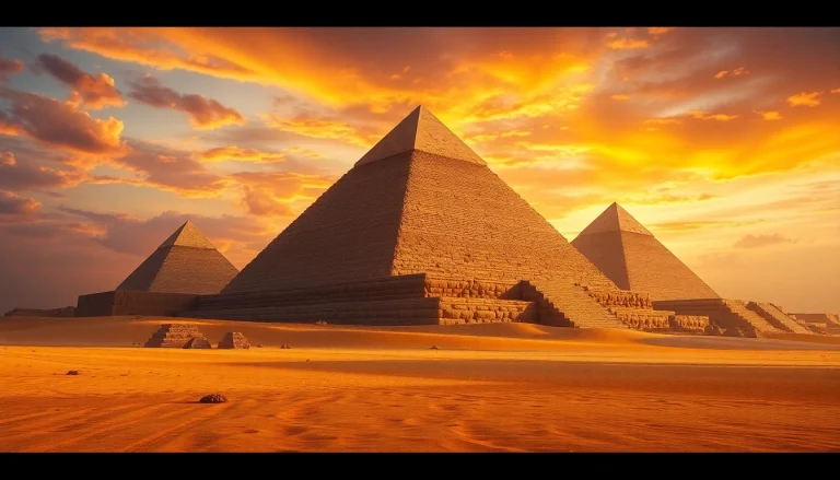 View of ancient piraminds bathed in sunset light, revealing their majesty.