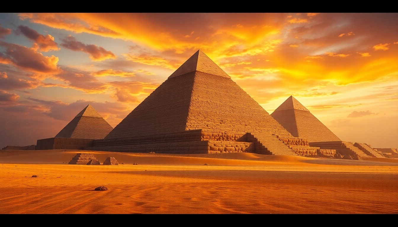 View of ancient piraminds bathed in sunset light, revealing their majesty.