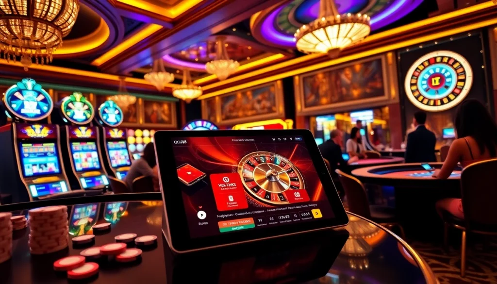 GG88 online casino interface on a luxurious tablet amidst vibrant gambling excitement.