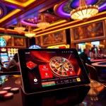 GG88 online casino interface on a luxurious tablet amidst vibrant gambling excitement.
