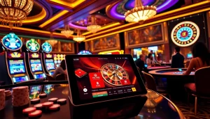 GG88 online casino interface on a luxurious tablet amidst vibrant gambling excitement.